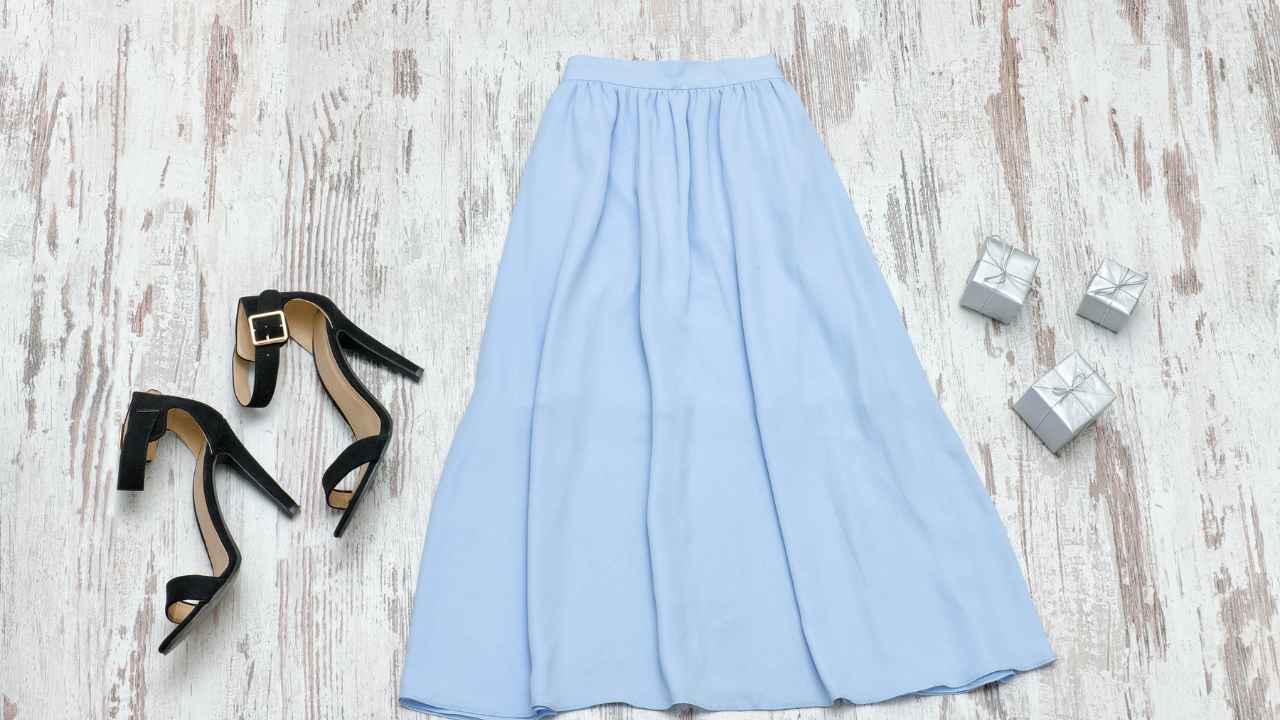 blue midi skirt with black shoes